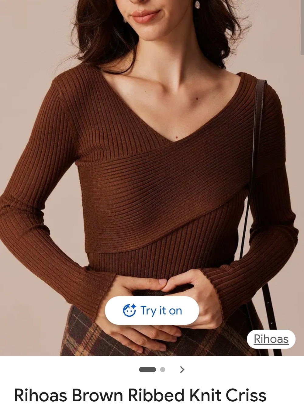 Rihoas Brown Ribbed V-Neck Crisscross Sweater